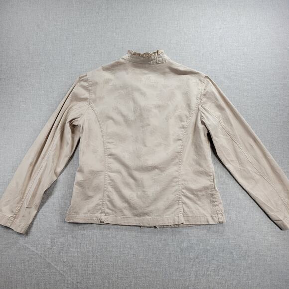 Chico's Womens Jacket Size 1 Beige Mock Neck Button Up Ruffled Trim Long Sleeve - Picture 15 of 16